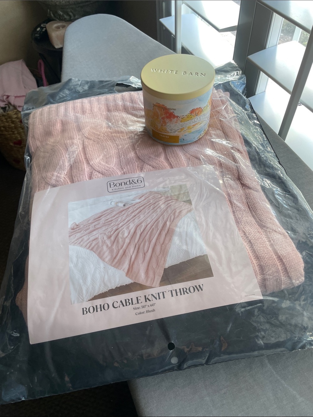 Bond & 6 Boho Cable Knit Throw & Bath & Body Works Leaves 3 Wick Candle (Bundle)